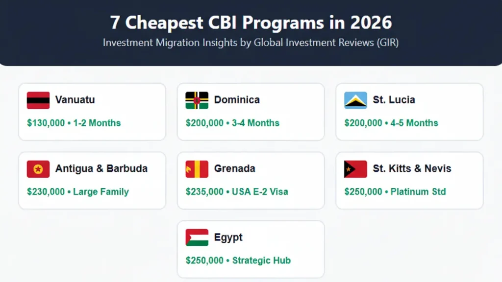 Infographic showing 7 cheapest CBI programs in 2026: Vanuatu, Dominica, St. Lucia, Antigua & Barbuda, Grenada, St. Kitts & Nevis, and Egypt with investment amounts.