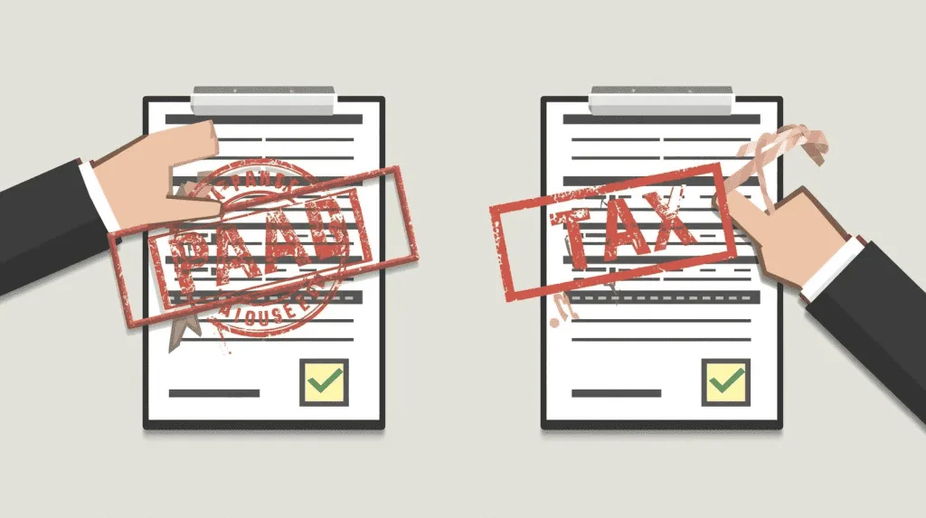 An illustration showing two tax documents being stamped simultaneously, representing the risk of double taxation in US-EU cross-border investments and the importance of tax treaty compliance.