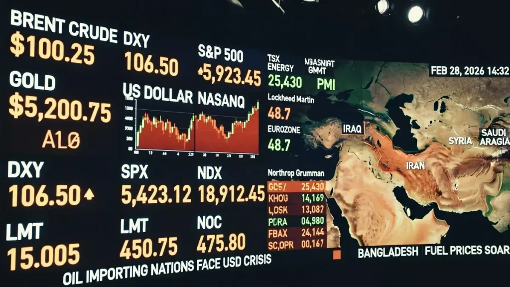 Operation Epic Fury US-Israel Iran strikes impact: Brent crude at $100.25, gold at $5,200.75, DXY at 106.50, S&P 500 and Nasdaq down, defense stocks like Lockheed Martin and Northrop Grumman up, TSX energy rally, geopolitical map highlighting Iran, Iraq, Syria. $100 oil portfolio protection analysis 2026.