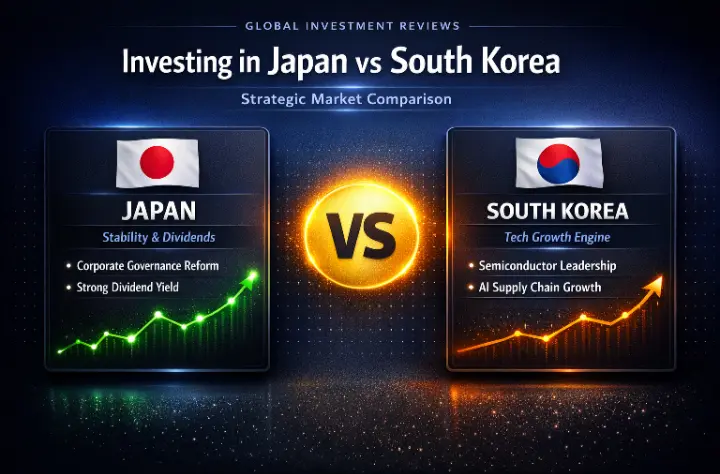 A strategic comparison infographic between Japan's structural stability and South Korea's AI tech growth featuring both national flags.