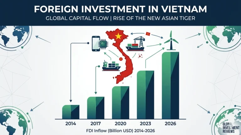 Professional featured image representing foreign investment in Vietnam with a rising growth chart, tech icons, and the Vietnam map.