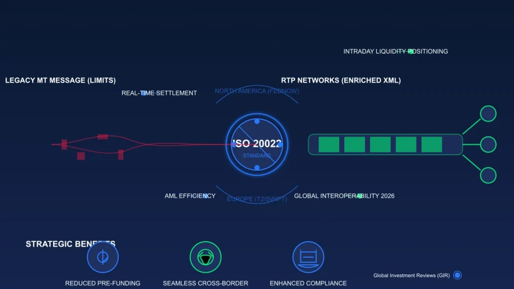A detailed financial infographic illustrating the transition from Legacy MT messages to ISO 20022 Real-Time Payments, showcasing global interoperability between US (FedNow/CHIPS) and Europe (T2/SWIFT) networks.