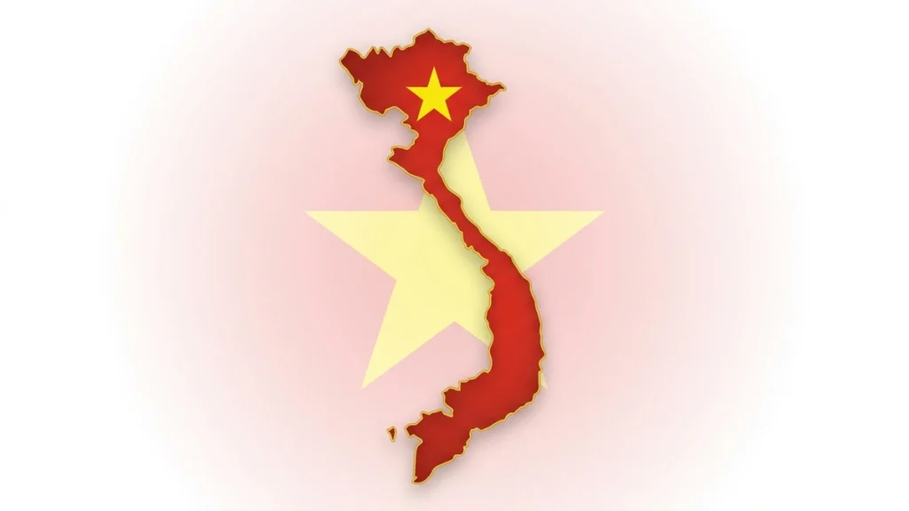A detailed map of Vietnam featuring the national flag colors, representing its strategic position in global trade and investment.