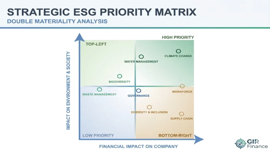 Strategic ESG priority matrix for Sustainable Infrastructure Investment institutional modeling and double materiality analysis.