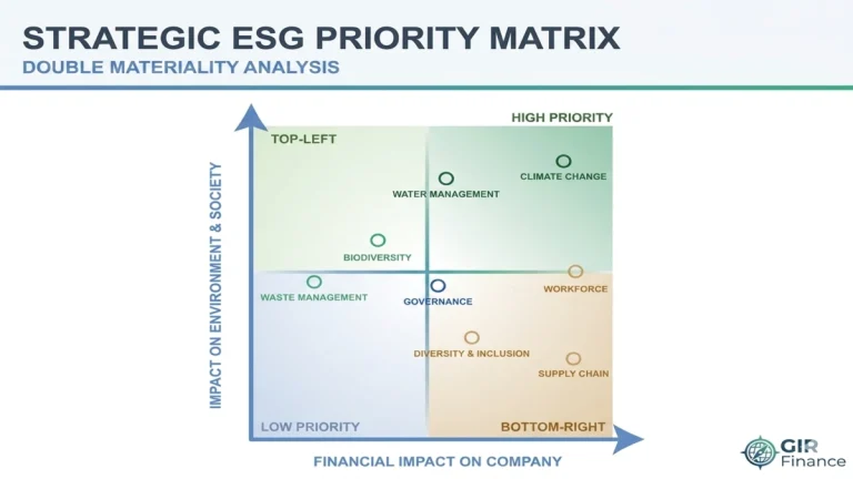 Strategic ESG priority matrix for Sustainable Infrastructure Investment institutional modeling and double materiality analysis.