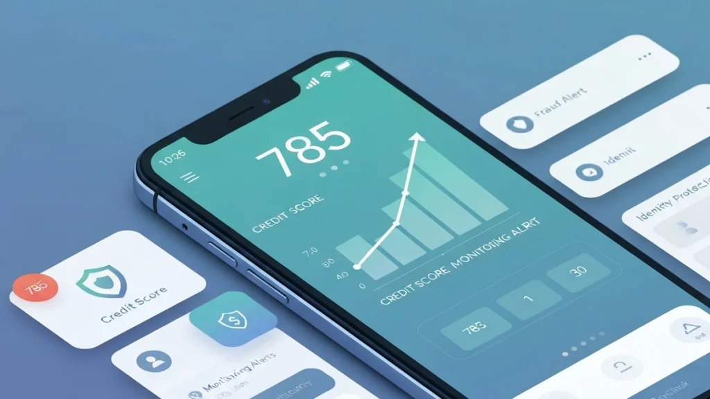 Best Credit Score and Monitoring Apps showing a 785 credit score, monitoring alerts, identity protection tools, and credit tracking dashboard.