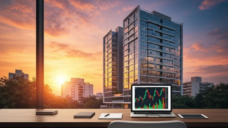 A desk with a laptop showing a stock chart and a city view of modern Brazilian high-rises at sunset. A key image for the guide on how to invest in Brazilian real estate in 2026.